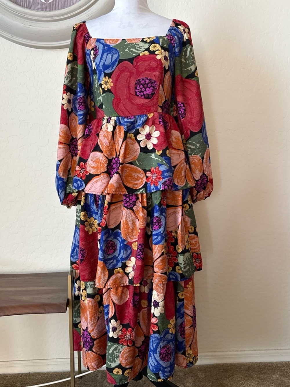 Oddi Floral Tiered Midi rayon Dress with Square Neck - Multicolor. S